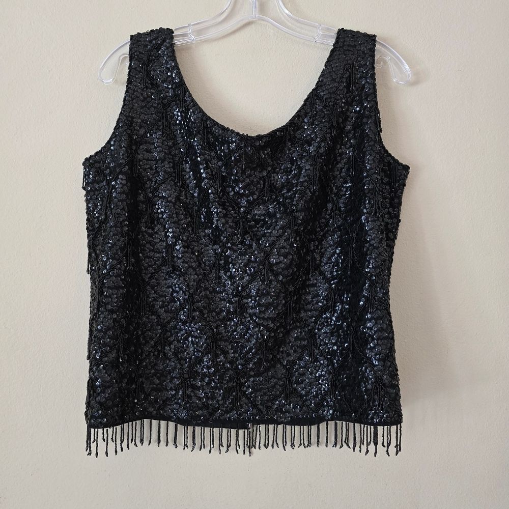 Elegant Black Sequin Sleeveless Top Fringe Vintage 100% Wool Size Large Glam